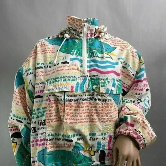 Vintage Roffe Raincoat Small S Women White All Over Print 80s Hooded Pullover - Picture 6 of 11